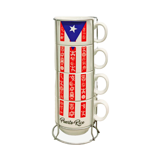 Stackable Puerto Rican Flag Mug Set: Taino-inspired Design