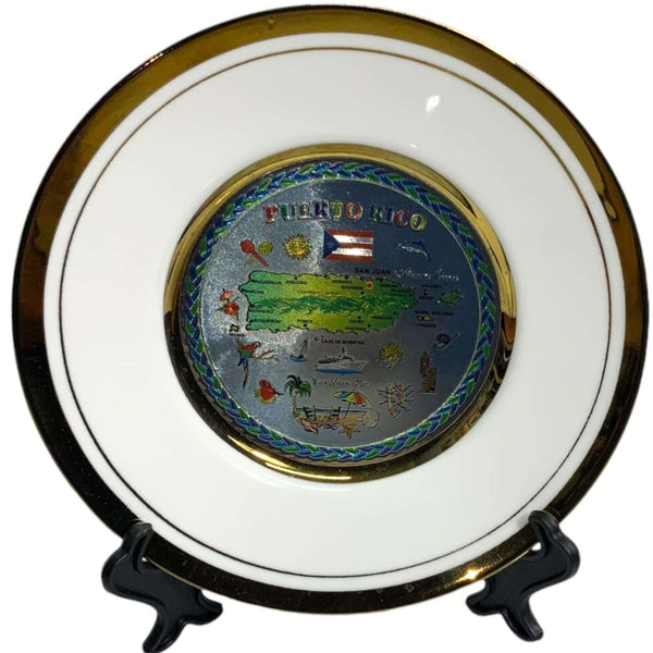 PR Gold-Rimmed Foiled Map Plate With Stand - Latinxs Fuzion Gift Shop