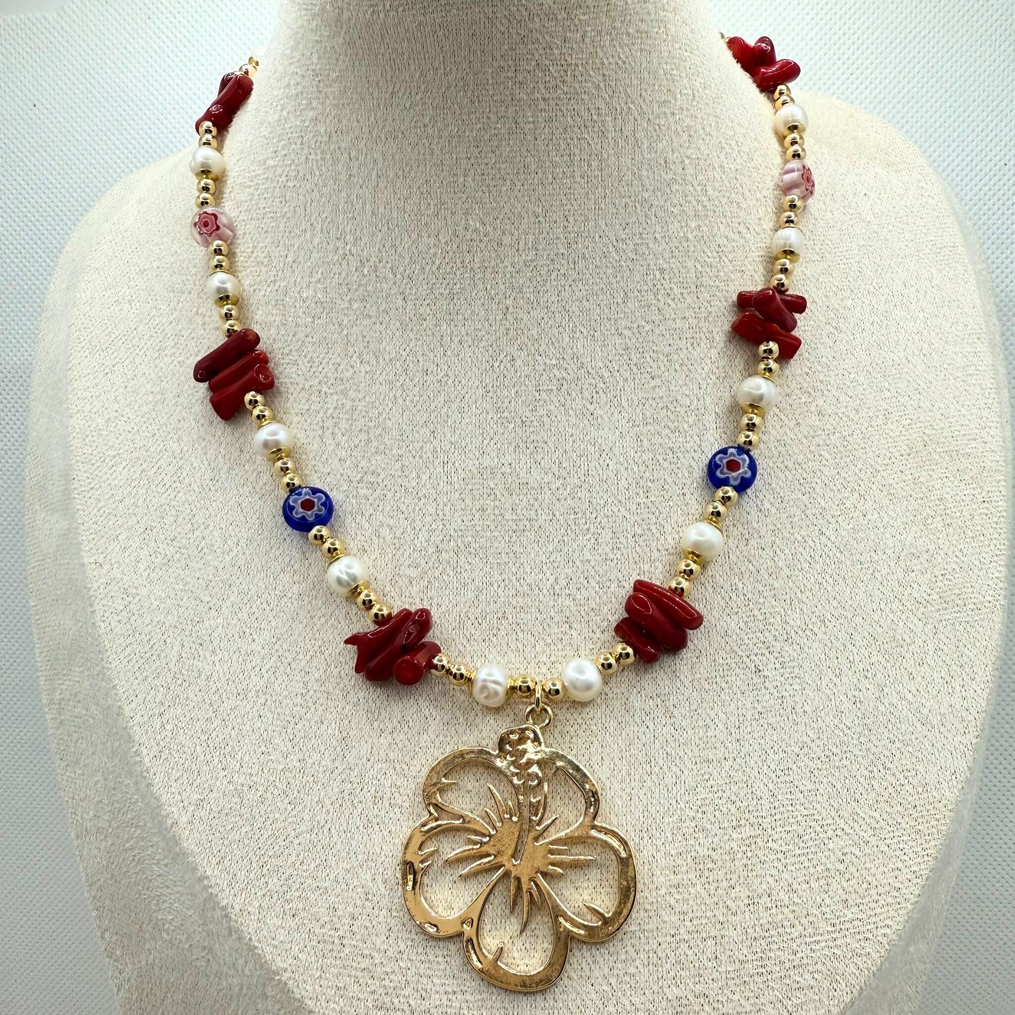 PR Hibiscus Beaded Necklace -  Latinxs Infuzion Gift Shop